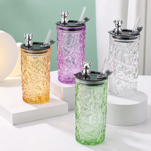 <b>Large</b> Capacity American Style Diamond Pattern Glass <b>Mug</b> Straw Cap-Thickened Wall Microwave Safe Office Travel Use Dishwasher - Product Image 1