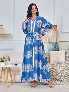d'abaya couleur bleu foncé motif bronzant caftan avec robe intérieure 2 pièces ensemble abaya musulmane pour les femmes - Product Image 4