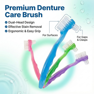 סיטונאי מברשת לשיניים תותבות ראש כפול זיפים רכים ידית ג'ל ארגונומית ניקוי שיניים תותבות לנסיעות - Product Image 2