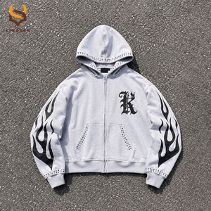 Custom Logo 100% Cotton Streetwear Oversize <b>Hoodie</b> Acid Wash <b>Graphic</b> DTG Print <b>Zip</b> <b>up</b> Rhinestone Hoodies - Product Image 3