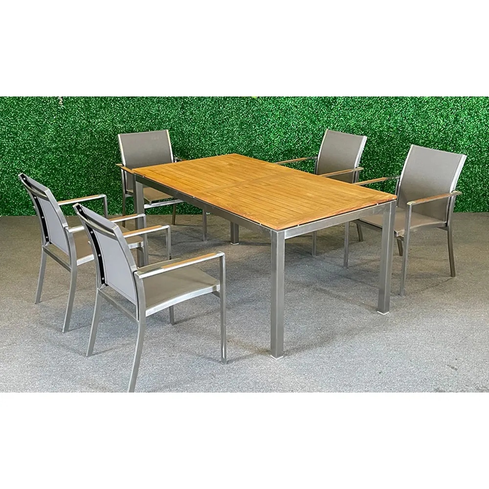 도매 티크 나무 탑 야외 긴 테이블 세트 스테인레스 스틸 프레임 식탁 및 의자 방수 메쉬 패브릭 안락 의자