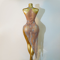 Combinaison de scène asymétrique en maille diamantée scintillante avec strass argentés, tenue de danseuse disco Gogo, pour Drag Queen, Showgirl, Candy
