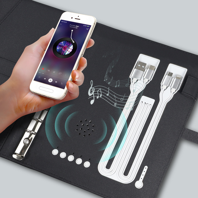 Multi-functional A5 Wireless Charging Notebook With Speaker USB Flash Drive Power Bank Leather Smart Notebook for Business Gift