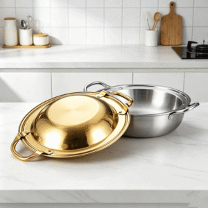 FLEY Promotion : Petite marmite à fond plat en acier inoxydable et <span class=keywords><strong>Wok</strong></span> à paella à bord large avec doubles poignées, corps épais classique, pour cuisson à sec - Product Image 1