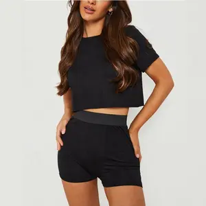 Neuankömmling Frauen Ernte T-Shirt und Shorts Pyjamas Set Großhandel billig schwarz sexy Nachtwäsche