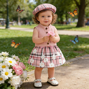 Ensemble d'été pour bébé <span class=keywords><strong>fille</strong></span> de 0 à 3 <span class=keywords><strong>ans</strong></span> : <span class=keywords><strong>Manteau</strong></span> sans manches à col montant simple boutonnage en laine peignée + Robe-veste à carreaux côtelés et chapeau - Product Image 2