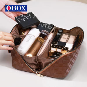 Trousse de maquillage OBOX à carreaux, grande capacité, portable, avec poignée souple, motif écossais marron et noir - Product Image 2