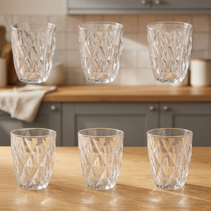 Set di 6 Bicchieri Trasparenti da 340ml Sibilla con Superficie Incisa, Lavabili in Lavastoviglie, Eleganti per Feste - Product Image 2