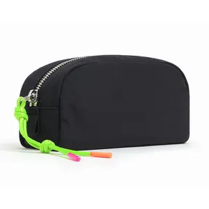 Travel Custom Black Washed Nylon Makeup Bag with Zip Cord Pull