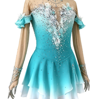 Robe de patinage artistique dégradé turquoise et blanc, ornée de fleurs 3D et de strass, dos ouvert, pour adultes et enfants