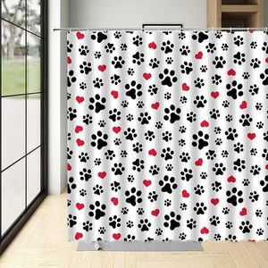 Cortina de ducha con estampado de pata de perro, amantes de las mascotas, lindo gatito, gato, huella, corazón de amor rojo, baño abstracto, decoración del hogar personalizada en Stock - Product Image 3