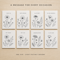 Cartes de vœux simples noires à motif floral botanique, impression personnalisée, dessin de fleurs sauvages, pour cadeau, insert de colis professionnel, carte de remerciement