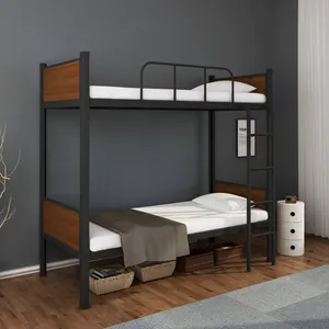 Litera escolar Muebles de dormitorio de alta resistencia Litera de metal con barandillas de madera Cama alta para niños