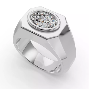 Anillo de declaración para hombre de oro blanco macizo de 14K personalizado con diamante de laboratorio de 1 quilate de corte ovalado, engaste seguro en bisel, acabado pulido, joyería. - Product Image 4