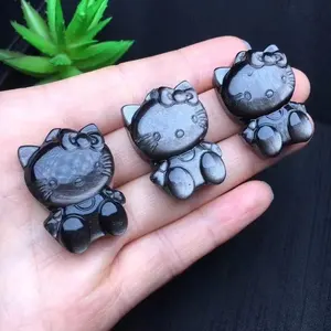 Pedra preciosa natural cristal de cura dos desenhos animados, estatueta de alta qualidade de folha de prata, obsidiana, hello kitty para jóias feitas à mão