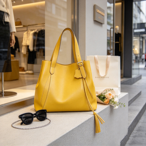 Sac fourre-tout en cuir jaune vif pour femme, avec bandoulière réglable, grande capacité, idéal pour le travail et le quotidien - Product Image 5