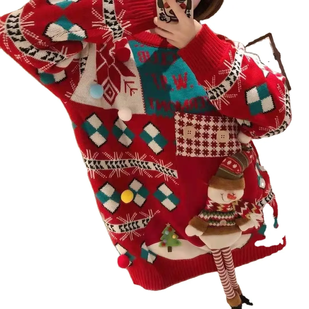 Christmas Sweater with stitching and decorative pockets and snowman is designed for women