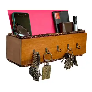 Natural Finish Rustic wooden wall organizer Wooden key storage box Wall Mounted Storage Organizer Hook Key and Mail Holder