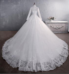 2022 nouveau col debout dentelle robes de mariée blanc mode <span class=keywords><strong>grande</strong></span> queue robes femmes dame élégant mariage robe de mariée musulmane - Product Image 3