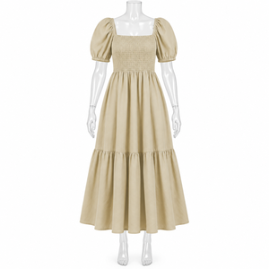 Beige Smocked <b>Maxi</b> <b>Dress</b> Puff Sleeve Square Neck Tiered Midi <b>Dress</b> Casual Summer Women <b>Dress</b> - Product Image 3