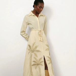 Vestidos Casuales de Mujer, Nuevo Estilo, 100% Algodón, Tejido, Bordado, Cuello de Solapa Elegante, Botones, Manga Corta, Cintura Natural - Product Image 1