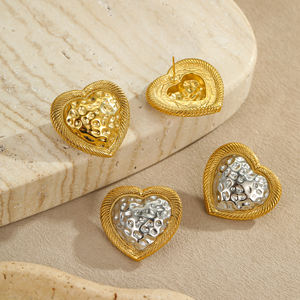 Nuevos pendientes de tuerca martillados con corazones de oro de 18 quilates, regalo, amor romántico, pendientes de acero inoxidable, joyería fina para mujer para el Día de San Valentín - Product Image 2