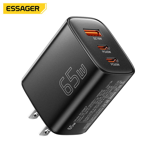 ESSAGER PPS 65W Android Phone Laptop PD 65 Watt Fast Gan Charger Usb Type C Compatible with Oppo Iphone Oneplus Samsung
