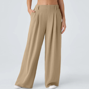 European Linen Wide Leg Pants for Girls High <strong>Waist</strong> Casual Trousers Side Pockets Flowy Oxford <strong>Elastic</strong> <strong>Waist</strong> Loose Solid Color - Product Image 6