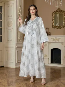 Vestido Abaya Maxi Floral Jacquard para Mujer, Elegante, Holgado, Cuello en V, Manga Larga, Estilo Kaftan Musulmán - Product Image 4
