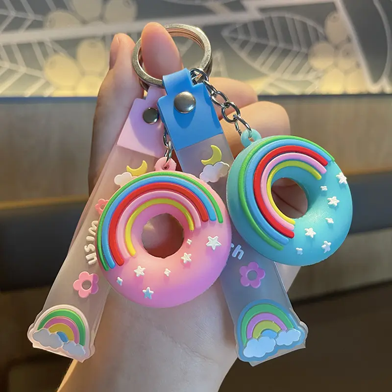 Karikatür gıda 3D silikon tatlı çörek anahtarlık sevimli kız çocuk çantası araba kolye charm donut anahtarlık gökkuşağı bileklik araba anahtarlığı