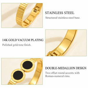 Bracelet jonc à double médaillon, en acier inoxydable avec placage sous vide en or 14 carats, bords à chiffres romains et centres noirs - Product Image 4