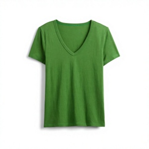 Nouveau style de t-shirt pour femmes à col en V, tissu en coton extensible doux, coupe ajustée, haut décontracté, fournisseur de vêtements en gros à marque privée - Product Image 3