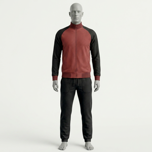 Survêtement décontracté pour homme en tricot avec fermeture éclair, manches raglan, col montant, coupe classique, couleur bordeaux et noir, idéal pour l'automne - Product Image 1