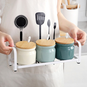 Set di bottiglie di olio e aceto in ceramica da cucina dal Design semplice/Set di vasetti di spezie in ceramica con coperchio in bambù - Product Image 1