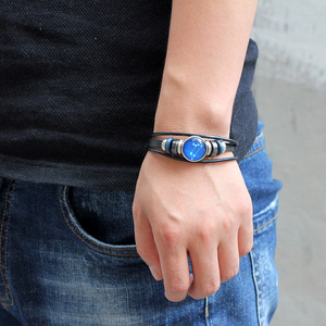 Pulsera Constellation tejida de cuero genuino con bisel de cristal azul, joyería de regalo para hombres y mujeres - Product Image 1