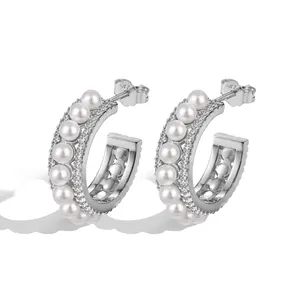 Dylam Light Luxury Women S925 Silver Rhodium 18K Gold Plated Elegance Semicircle Hoop 5A Zirconia Shell Pearl Stud Earrings