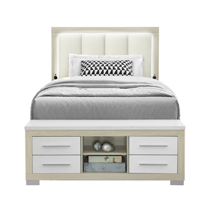 Modern Adjustable Convertible Soft <b>Bed</b> with Natural and White Storage and LED Queen <b>Bed</b> - Product Image 2