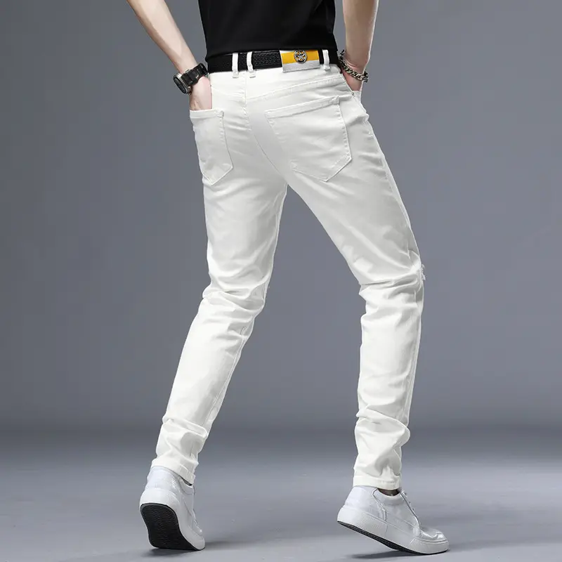 Calça jeans masculina coreana, branca, elástica, rasgada, slim, comprimento total, para homens