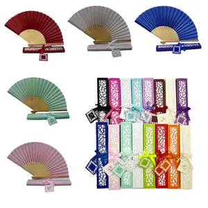 Wholesale Bamboo Cloth Hand Pocket Fan for Wedding Favors Folding Fan Promotional Gift 20 Colors in Paper Gift Box