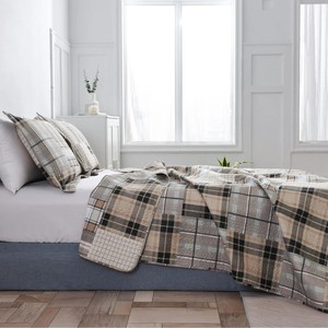 <strong>Neutral</strong> Tones Plaid Patchwork Quilted <strong>Bedding</strong> <strong>Set</strong> with Cotton Patchwork Quilted <strong>Bedding</strong> <strong>Set</strong> with Cotton Bed Cover Beauty - Product Image 5