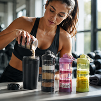 Conteneur portable en PP de qualité alimentaire pour poudre protéinée avec entonnoir, boîte à pilules, distributeur de suppléments de voyage, logo personnalisé, vente en gros