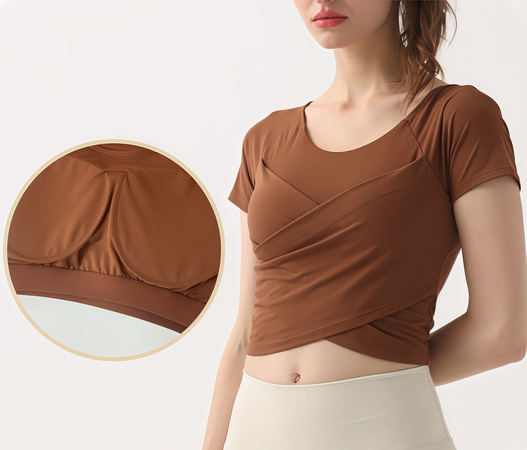 Women's Yoga Sport Top Cross Wrap Pleated Design Short Sleeve Crop Top with Built-in Bra Slim Fit Athletic Workout Fitness Shirt