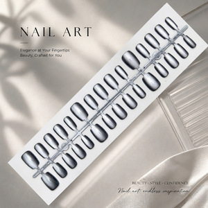 Ongles press-on de luxe noirs effet clair de lune, forme amande œil-de-chat, prêts à poser, très tendance, kit pré-fabriqué, scintillants et éblouissants - Product Image 3