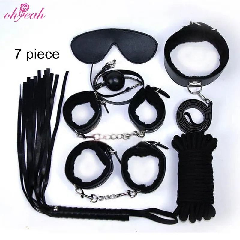 7 Pieces Adult SM Bondage Restraints Leather Play Ball+Ankle Cuff +Collar With Leash+Cotton Rope+Eye Mask +Whip
