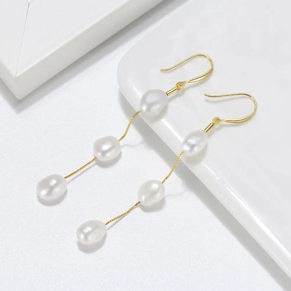 Personalized Elegant Baroque Pearl Jewelry Dangling Long Baroque Pearl 925 Sterling Silver Drop Earrings