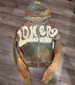 Sweat à capuche personnalisé avec strass effet vieilli pour homme, style grunge glamour, en coton épais, zippé, effet délavé vintage, brodé, streetwear - Product Image 1
