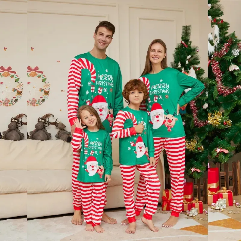 Ropa de Feliz Navidad, venta al por mayor, novedad de 2023, pantalones a rayas con estampado de dibujos animados, conjunto de pijamas a juego de Navidad para la familia