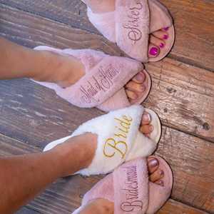 Custom Plush Fluffy <b>Slippers</b> with Glitter Lettering Personalized Cross Band Design-Soft Open Toe Bridal Party Wedding Favor Gift - Product Image 4