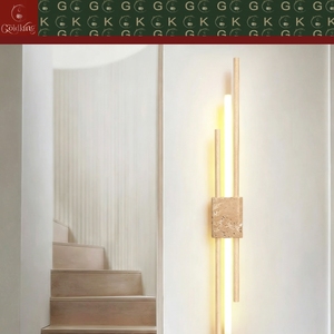 Lámpara de Pared LED Lineal GOLDKING para Dormitorio o Escalera, con Base de Travertino Beige y Barra de Latón, Fabricación Directa de Fábrica OEM ODM - Product Image 6