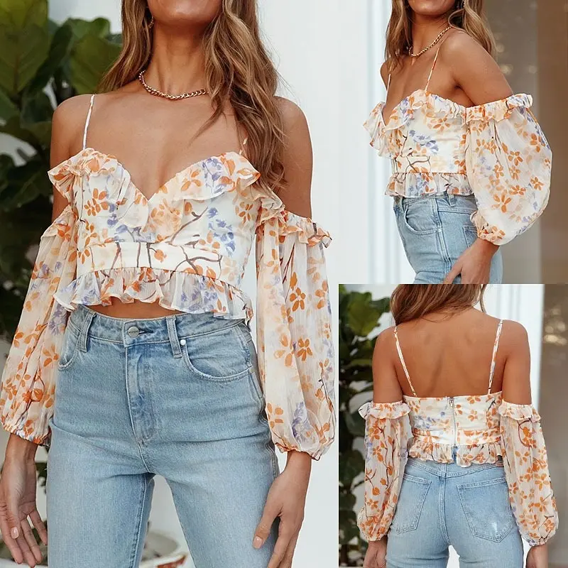 Women Ruffles Chiffon Blouses & Shirts Sexy V-neck sling Long sleeve Tops Orange Floral Print off-the-shoulder Deep V Crop Tops